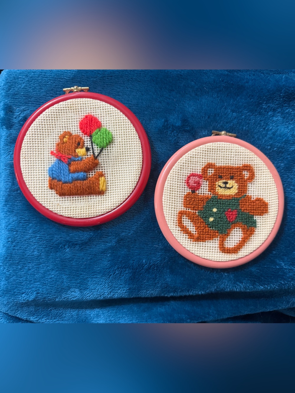 Vintage Cute Teddy Bear Cross Stitch Hoop Set - Pink & Red Frames, Brown Bears